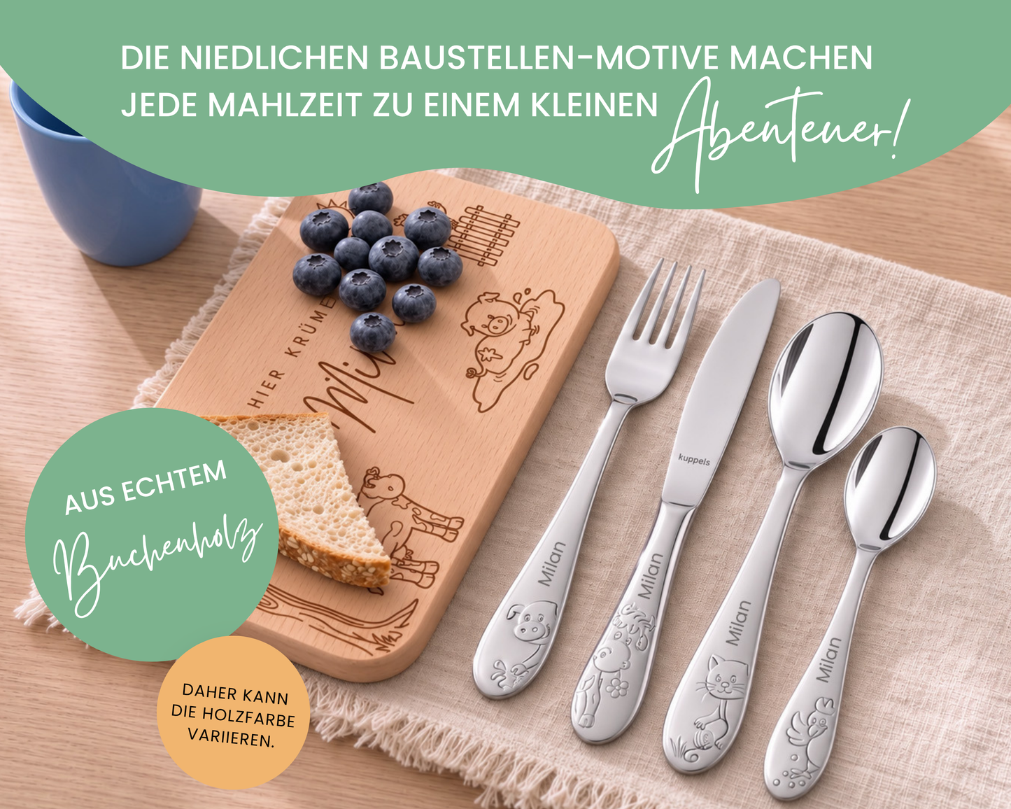 Kinderbesteck personalisiert Bauernhof mit Frühstücksbrett