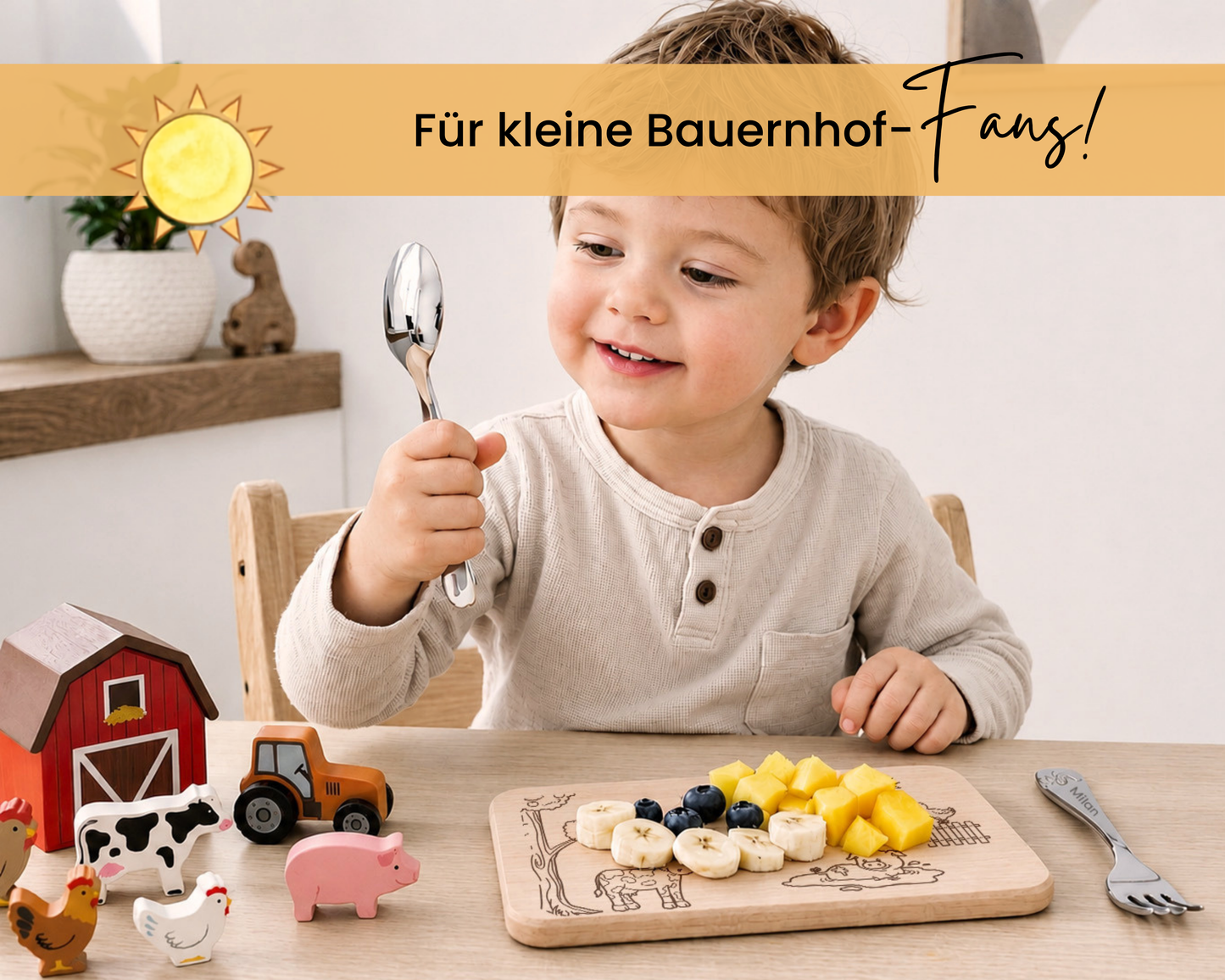 Kinderbesteck personalisiert Bauernhof mit Frühstücksbrett