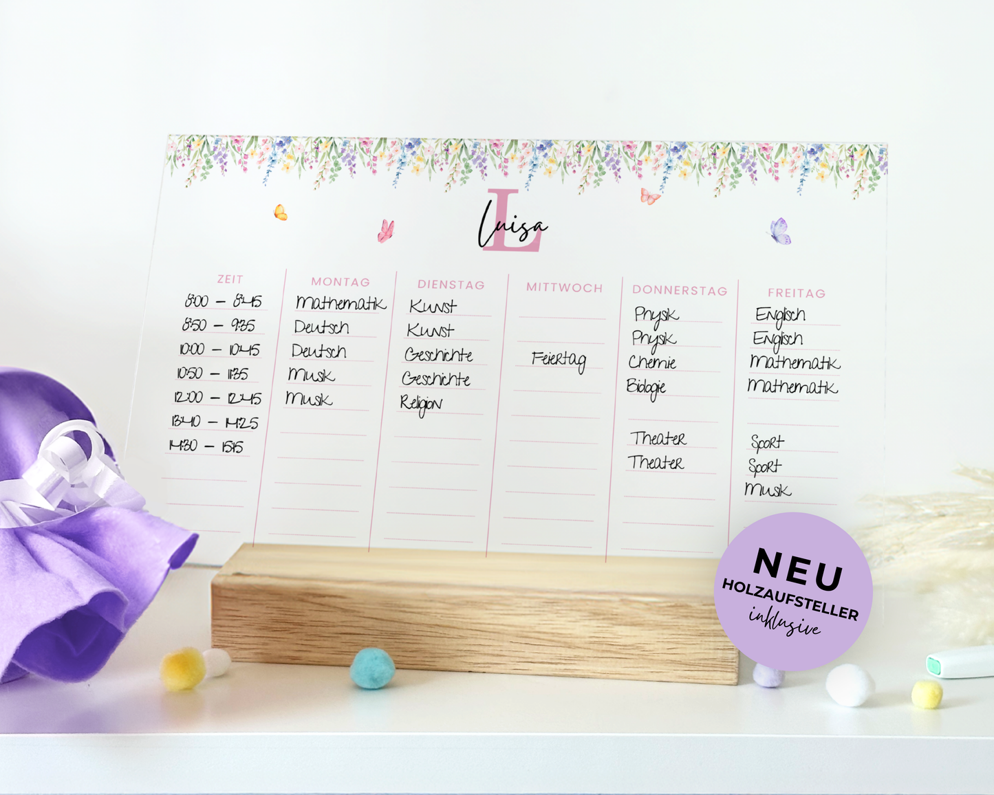 Stundenplan Acryl personalisierbar - Design BLUMEN LILA