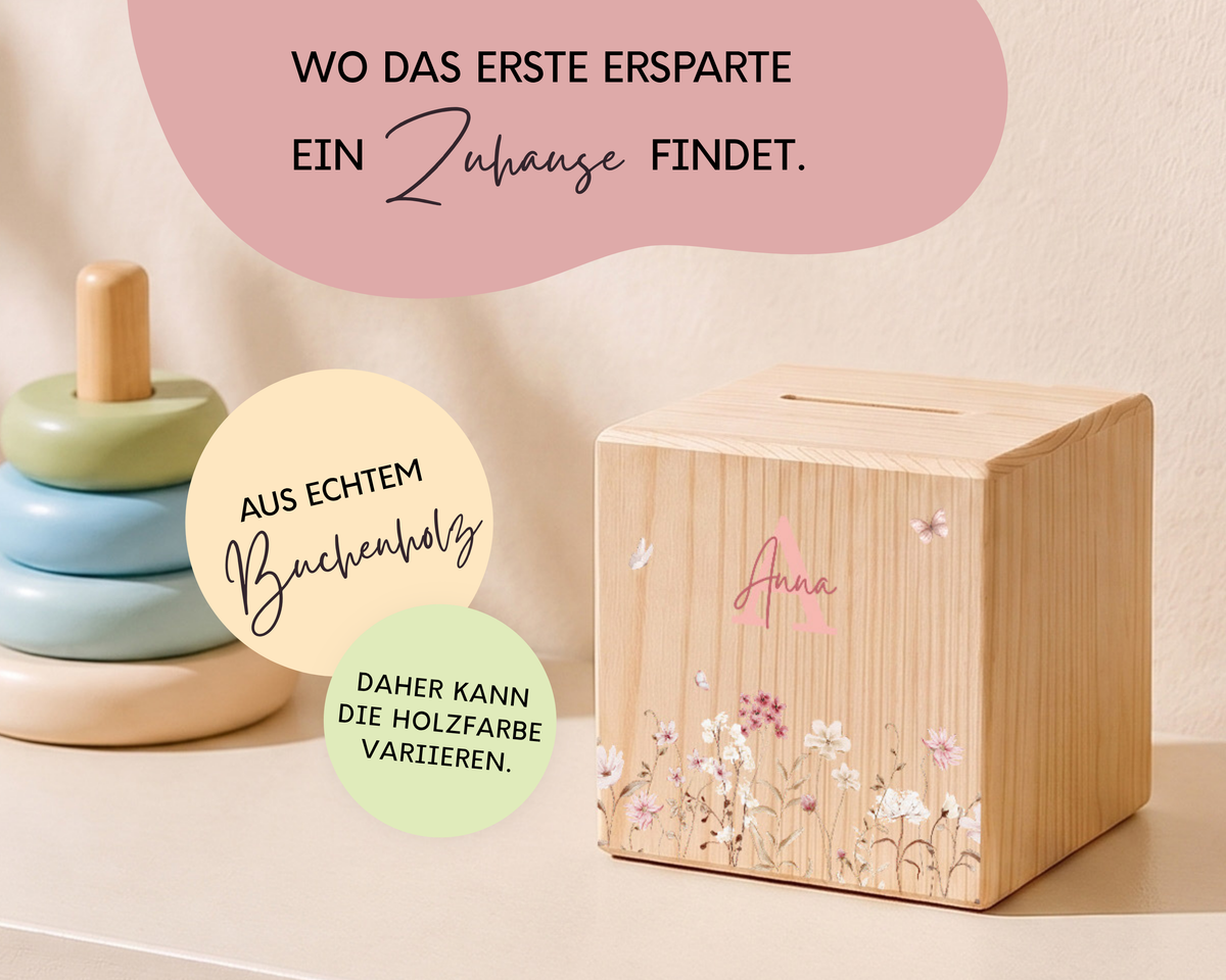 Holzspardose personalisiert Blumen Rosa