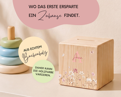 Holzspardose personalisiert Blumen Rosa