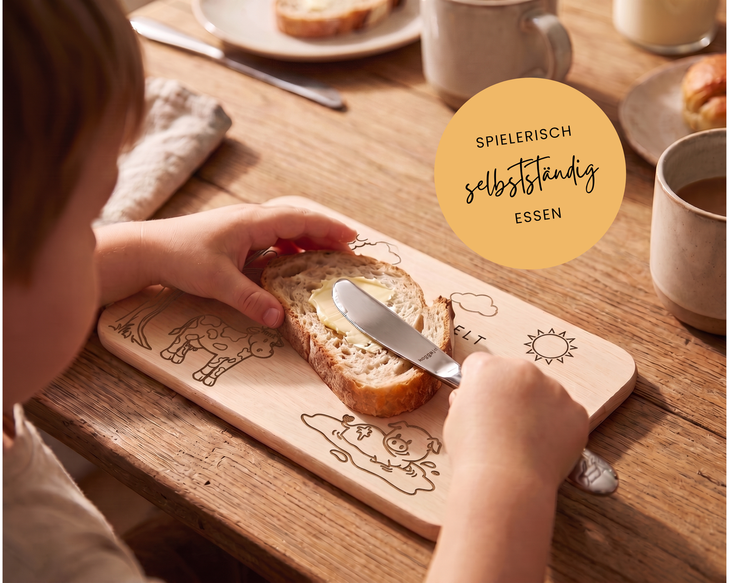 Kinderbesteck personalisiert Bauernhof mit Frühstücksbrett