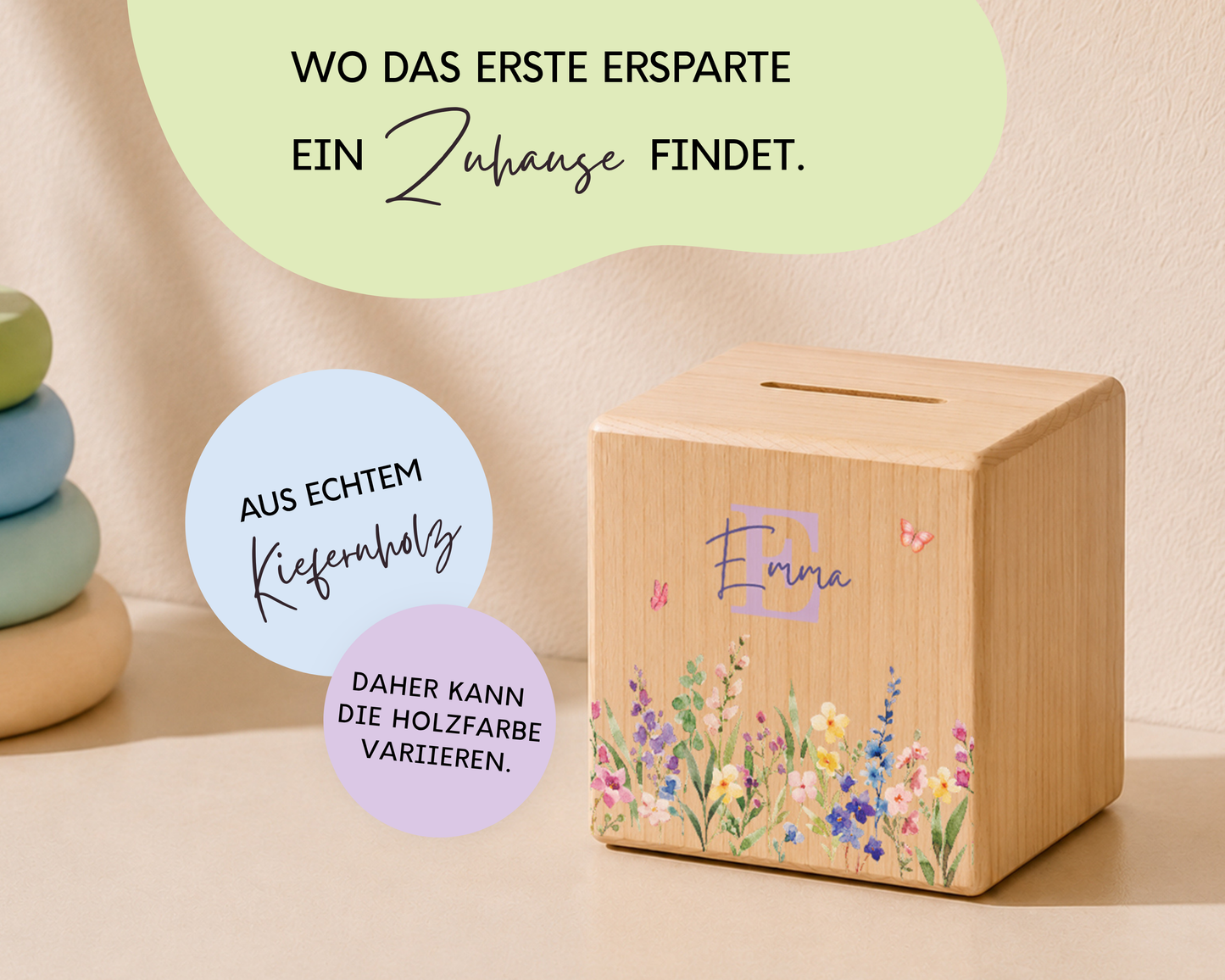 Personalisierte Holzspardose Blumenwiese Lila