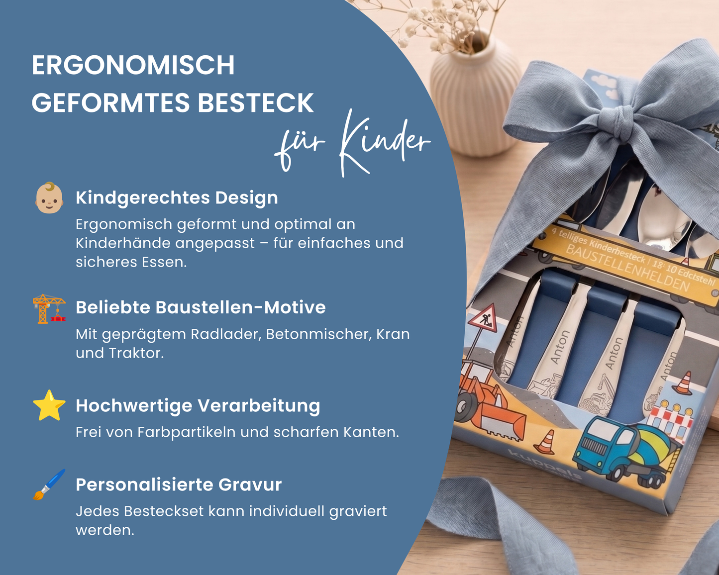 Kinderbesteck personalisiert Baustelle mit Frühstücksbrett