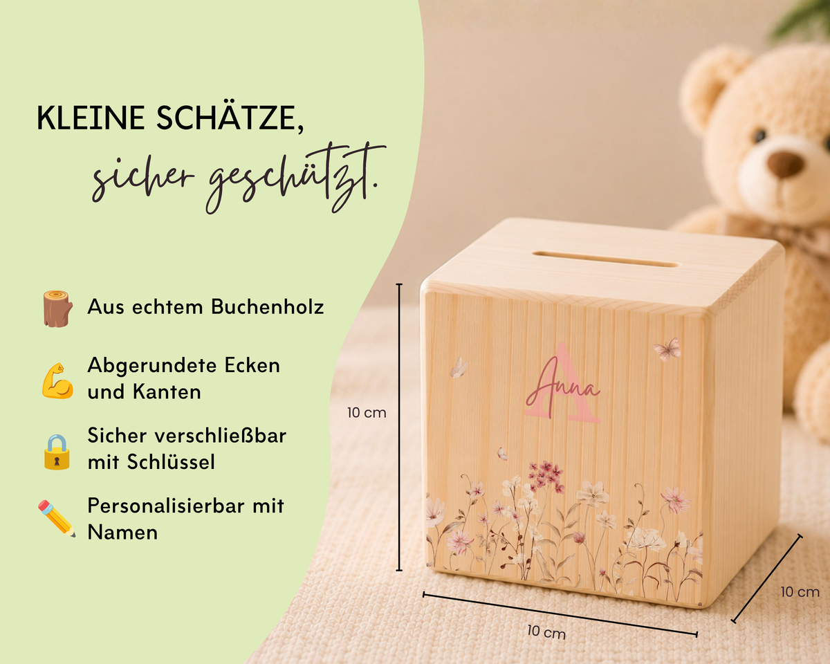 Holzspardose personalisiert Blumen Rosa