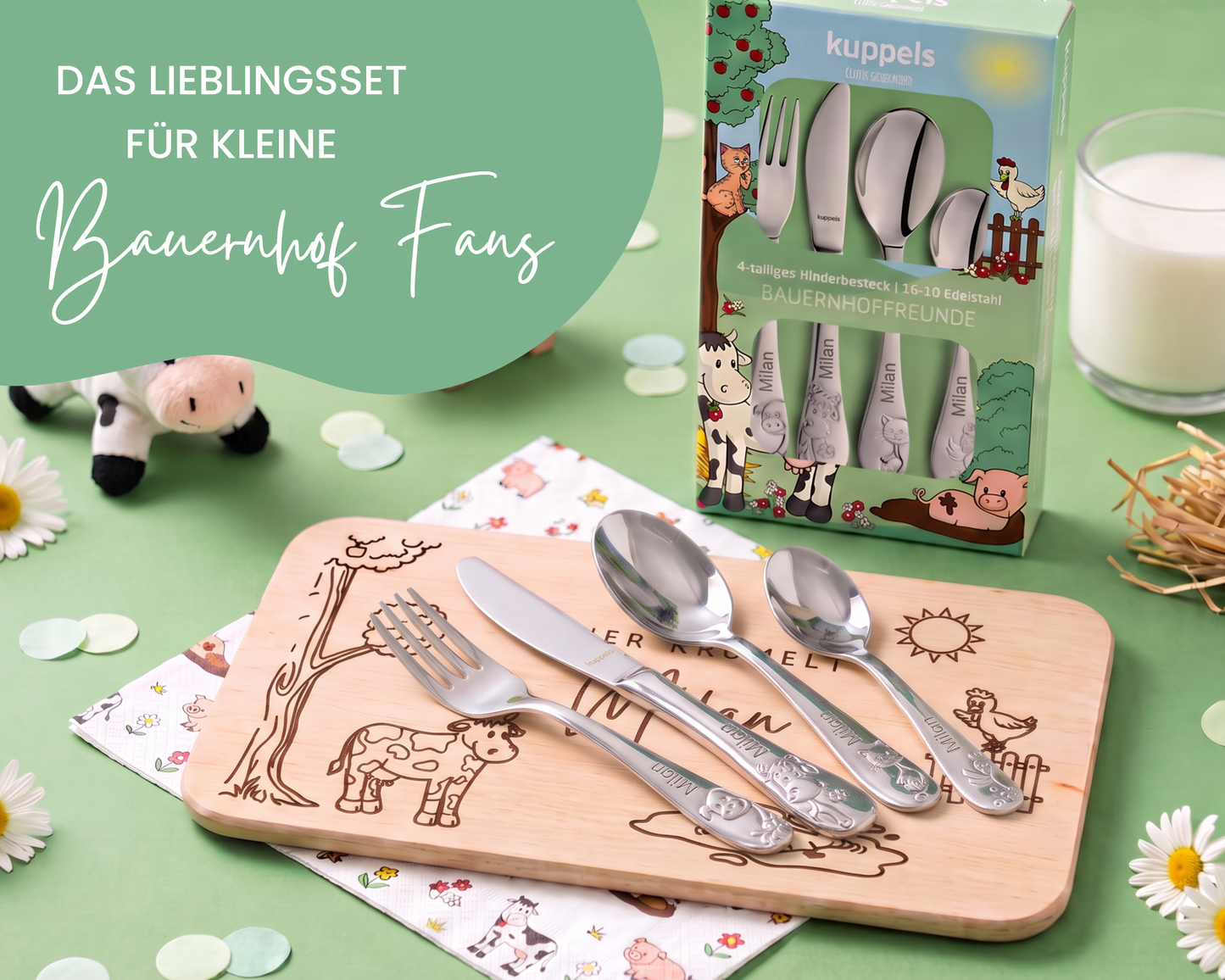 Kinderbesteck personalisiert Bauernhof mit Frühstücksbrett