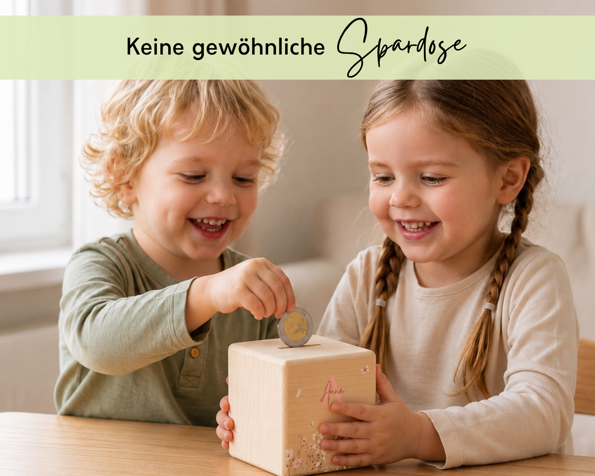 Zwei Kinder werfen gemeinsam eine Münze in die hölzerne Spardose