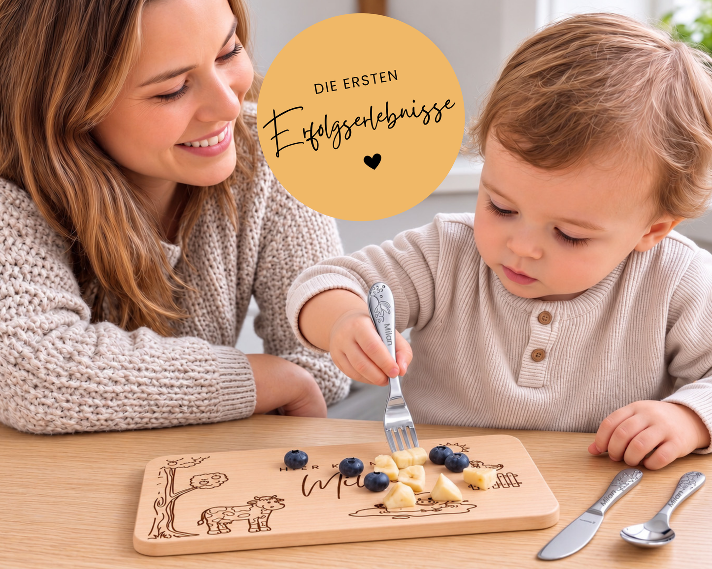 Kinderbesteck personalisiert Bauernhof mit Frühstücksbrett