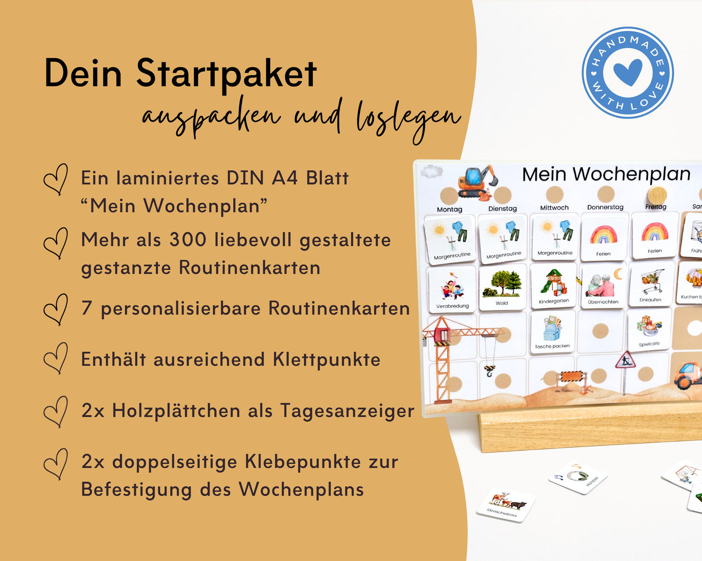 Lieferumfang Montessori Wochenplaner Bagger Baustelle mit laminiertem DIN A4 Wochenplan, über 300 gestanzten Karten, Klettpunkten und Holz-Tagesanzeiger