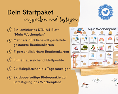 Lieferumfang Montessori Wochenplaner Bagger Baustelle mit laminiertem DIN A4 Wochenplan, über 300 gestanzten Karten, Klettpunkten und Holz-Tagesanzeiger