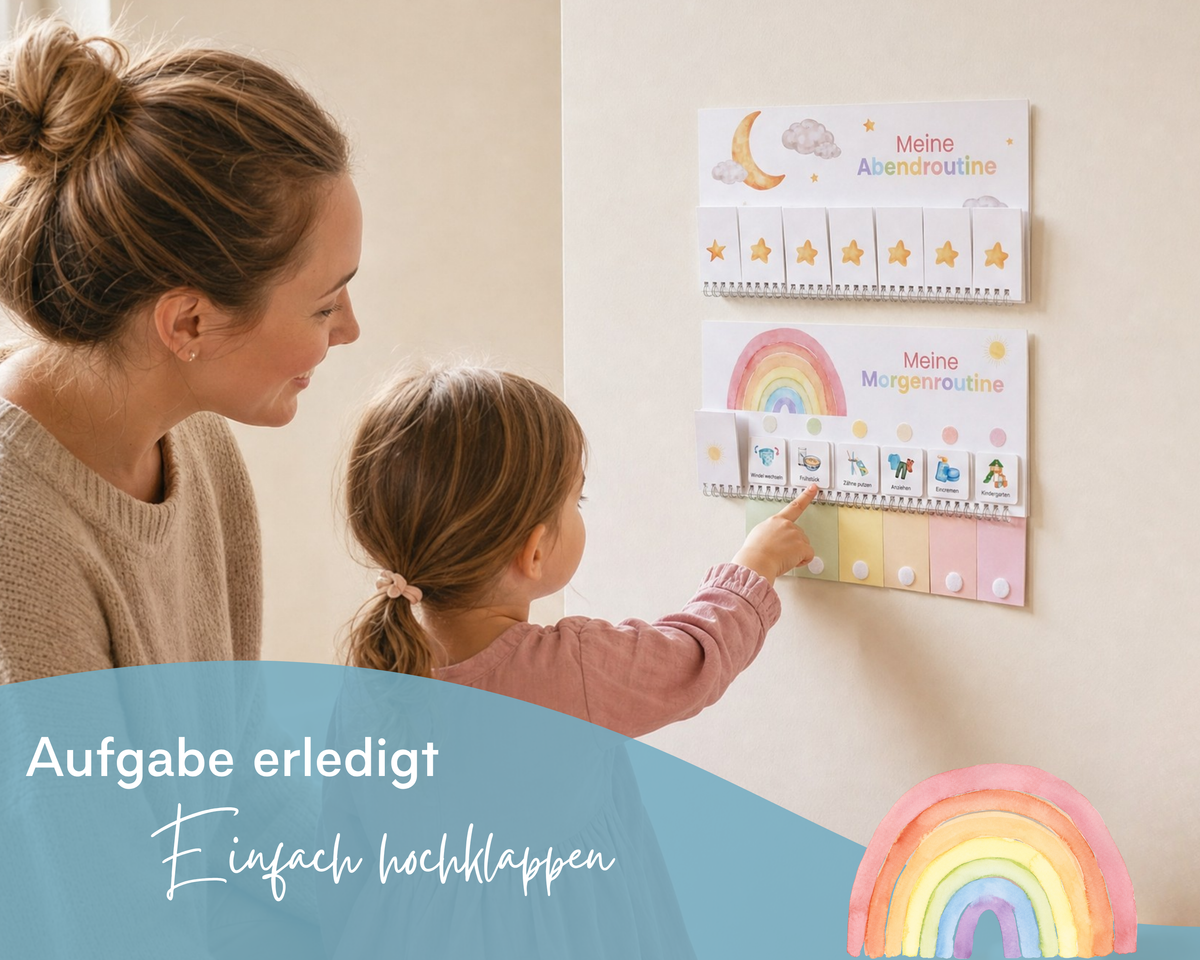 Mutter und Kind am Routineplaner Autos an der Wand, erledigte Aufgaben werden einfach hochgeklappt