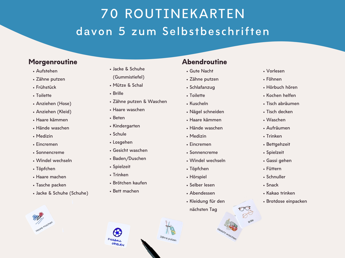 Übersicht aller 70 Routinekarten für Morgen und Abend, davon 5 Karten zum Selbstbeschriften