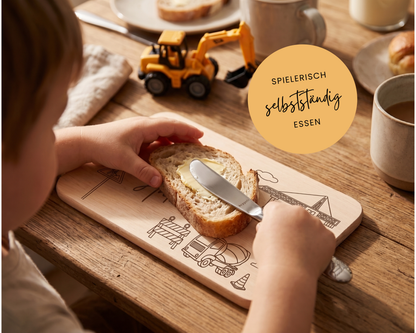 Kinderbesteck personalisiert Baustelle mit Frühstücksbrett