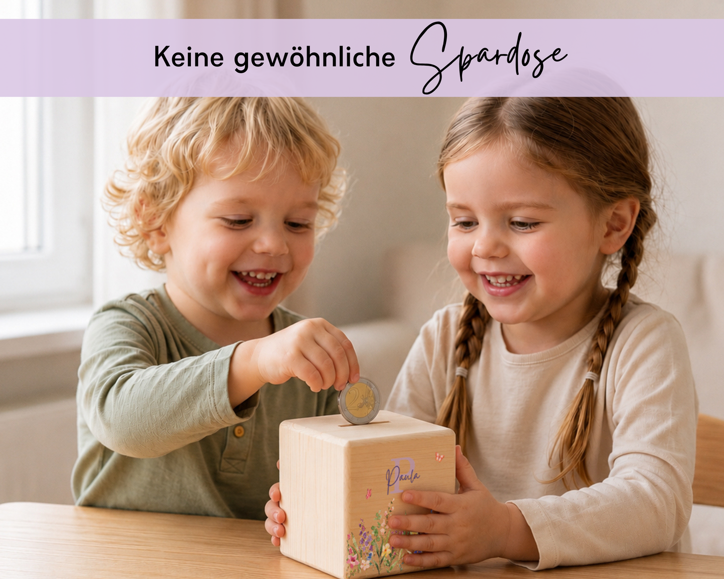 Personalisierte Holzspardose Blumenwiese Lila