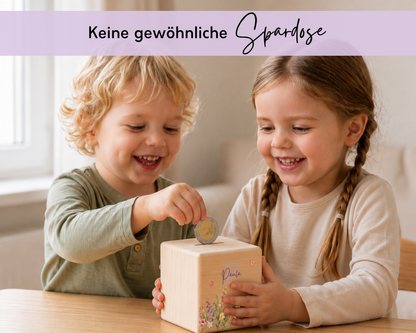 Personalisierte Holzspardose Blumenwiese Lila
