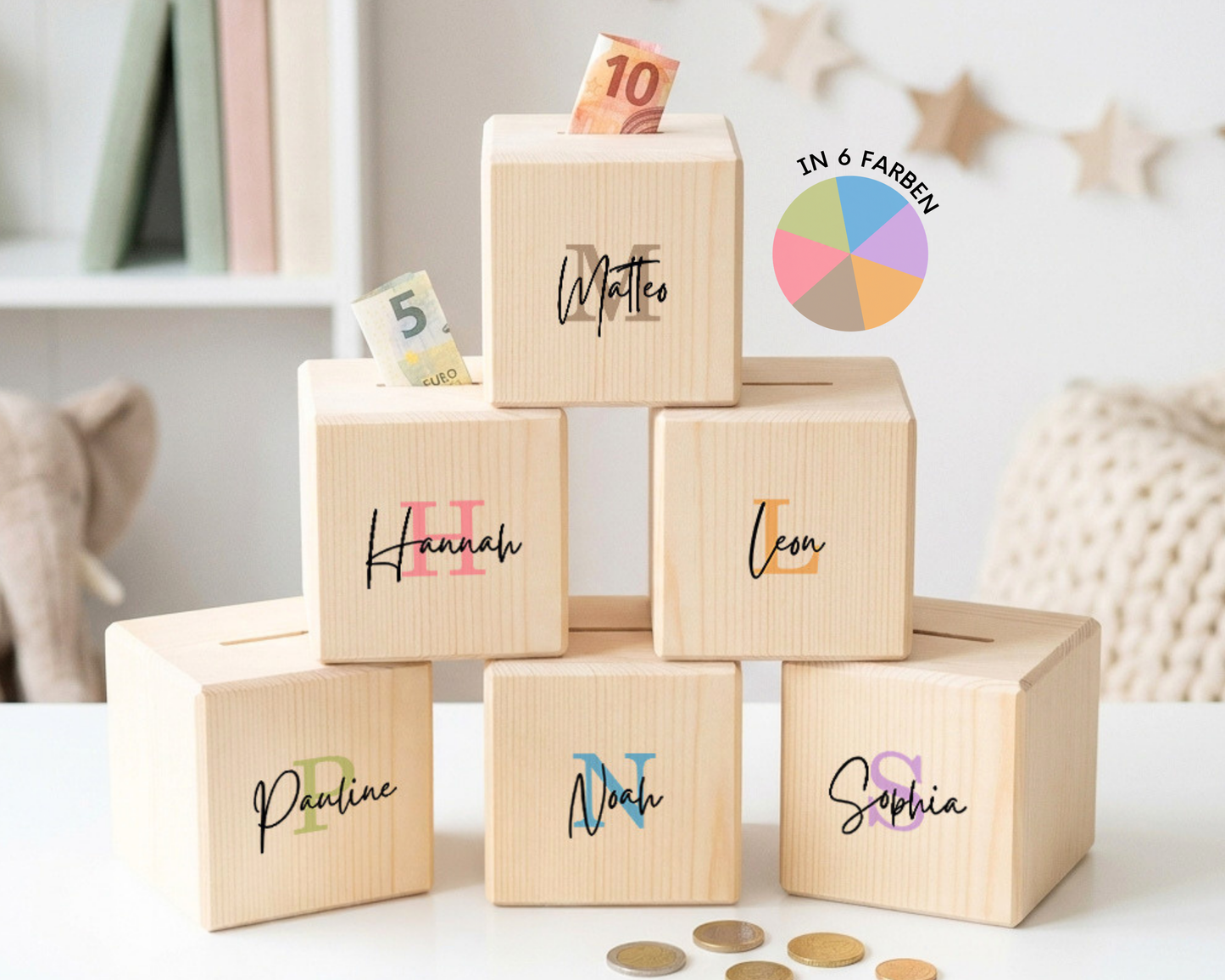 Holzspardose personalisiert Name in 6 Farben