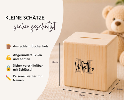 Holzspardose personalisiert Name in 6 Farben