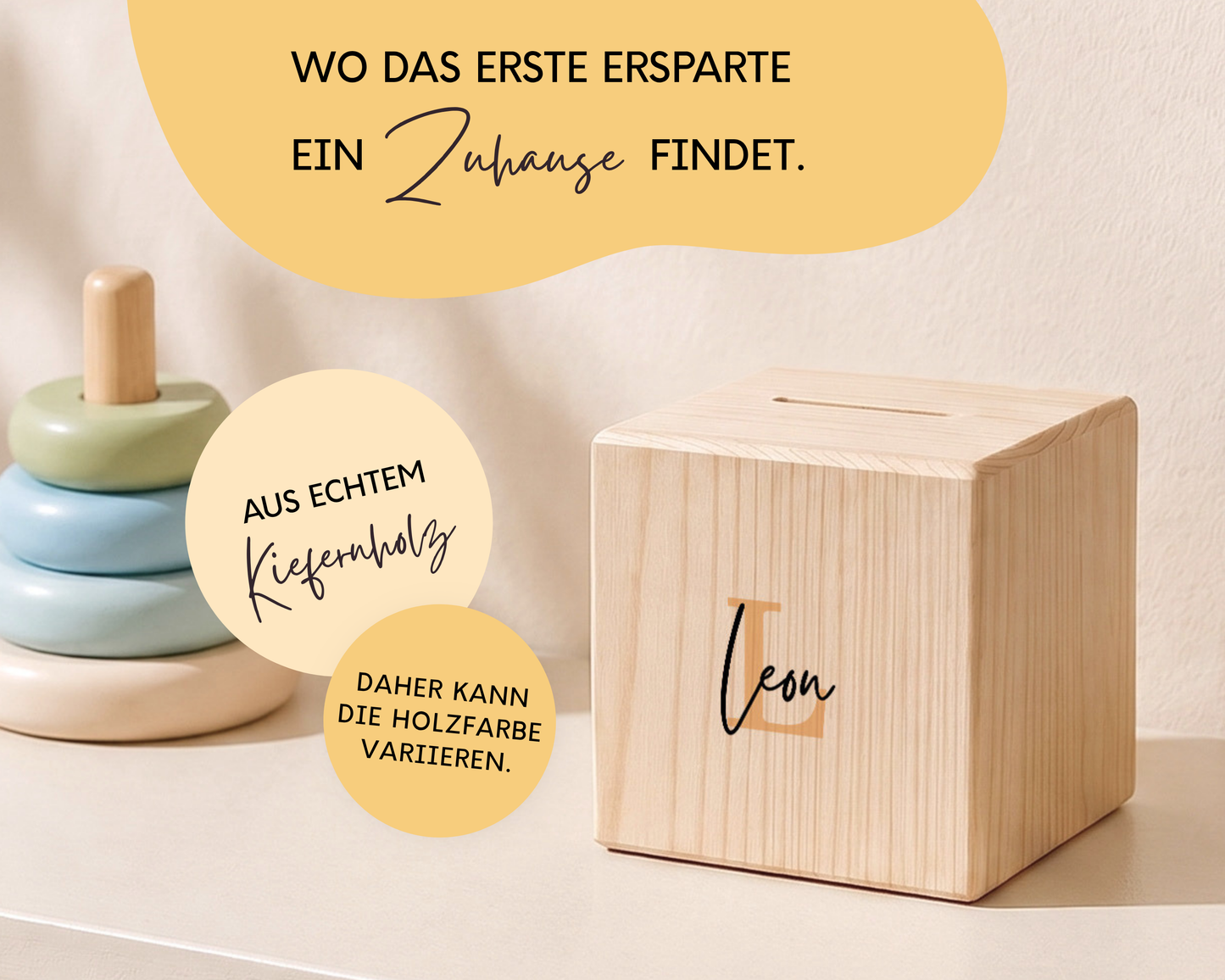 Holzspardose personalisiert Name in 6 Farben