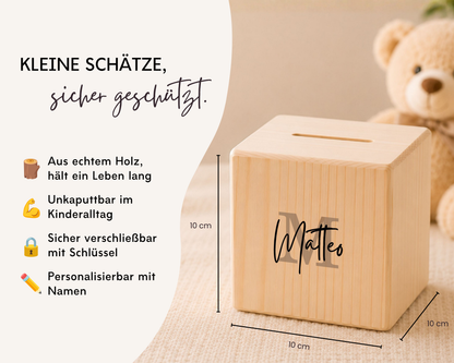 Holzspardose personalisiert Name in 6 Farben