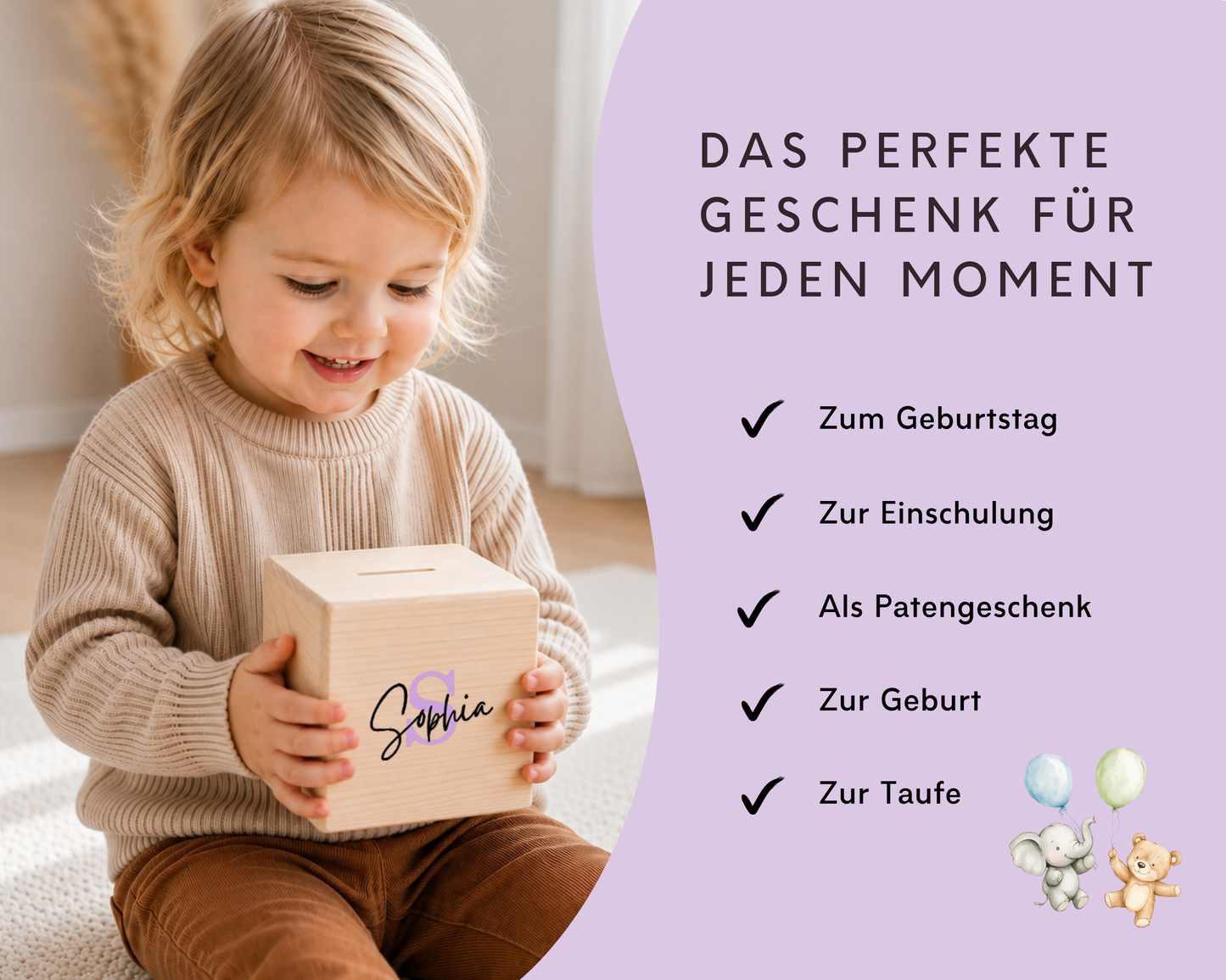 Holzspardose personalisiert Name in 6 Farben