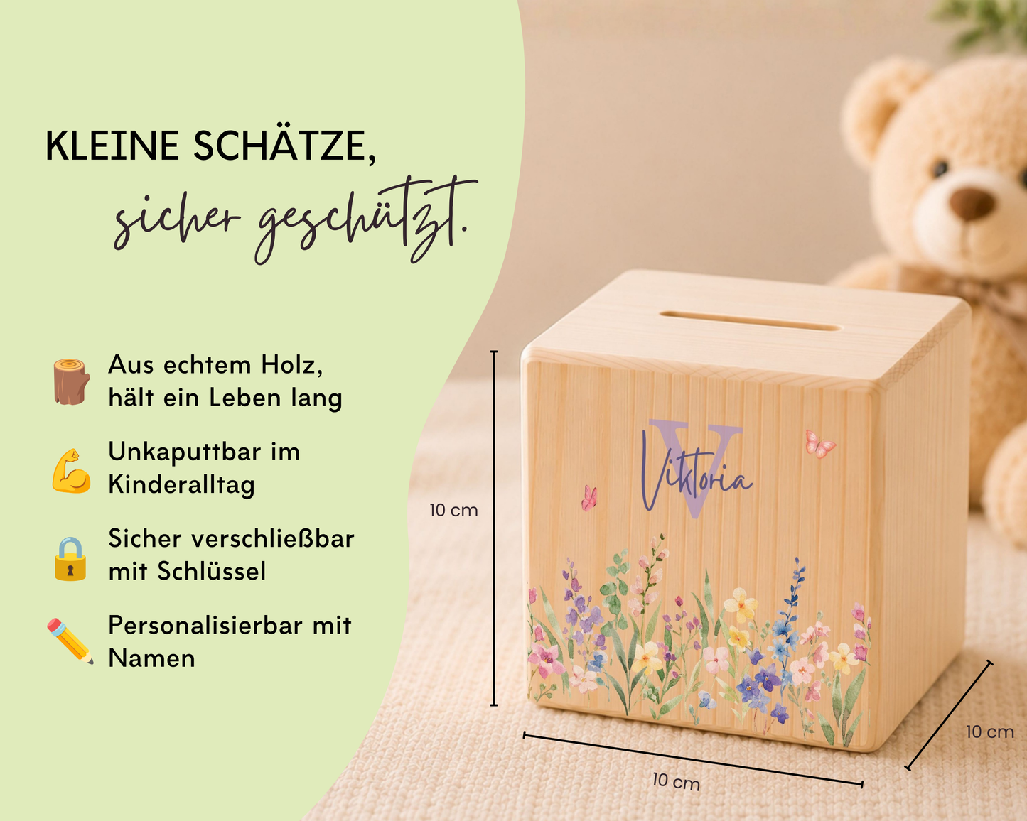 Personalisierte Holzspardose Blumenwiese Lila