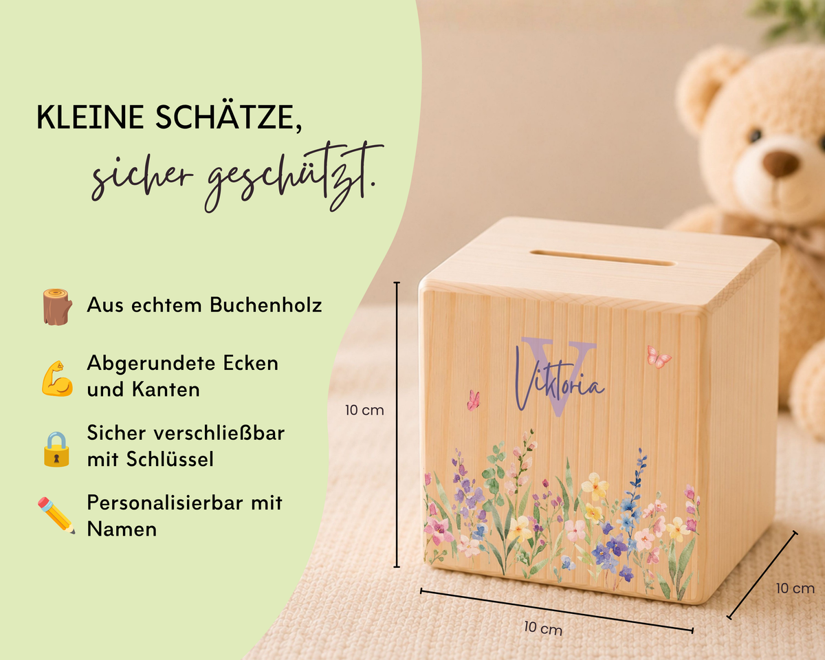 Holzspardose personalisiert Blumenwiese Lila