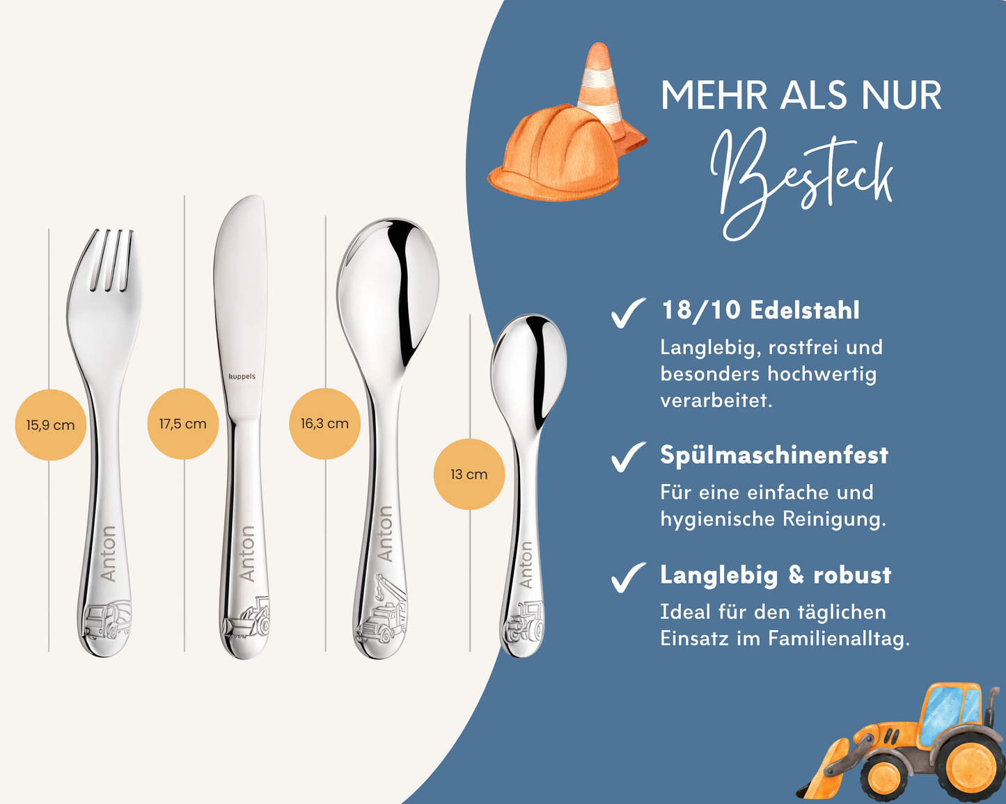 Kinderbesteck personalisiert Baustelle mit Frühstücksbrett