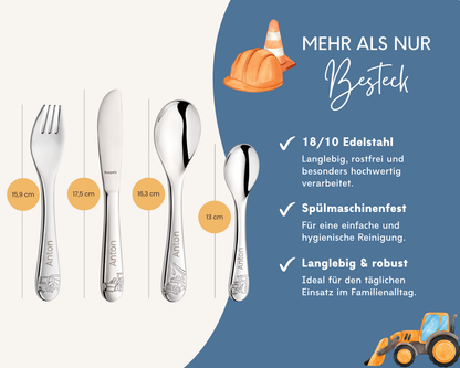 Kinderbesteck personalisiert Baustelle mit Frühstücksbrett