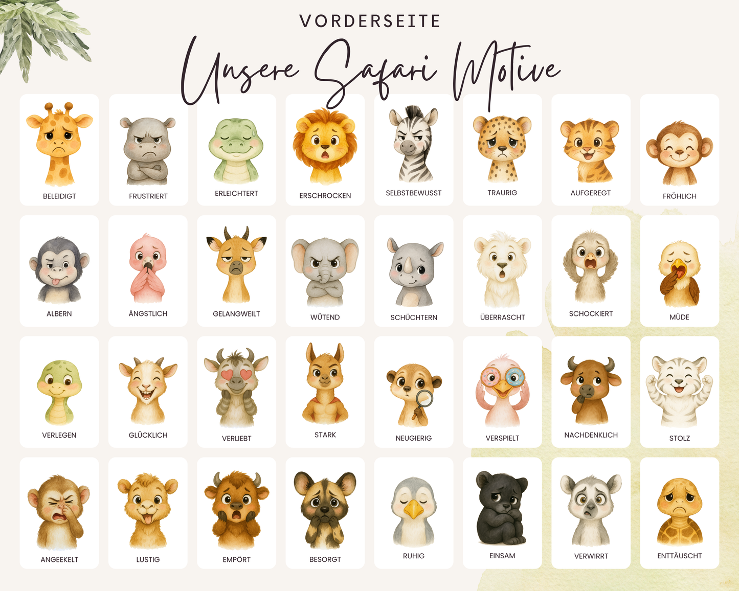 Emotionskarten 32 KARTEN - Design SAFARI TIERE