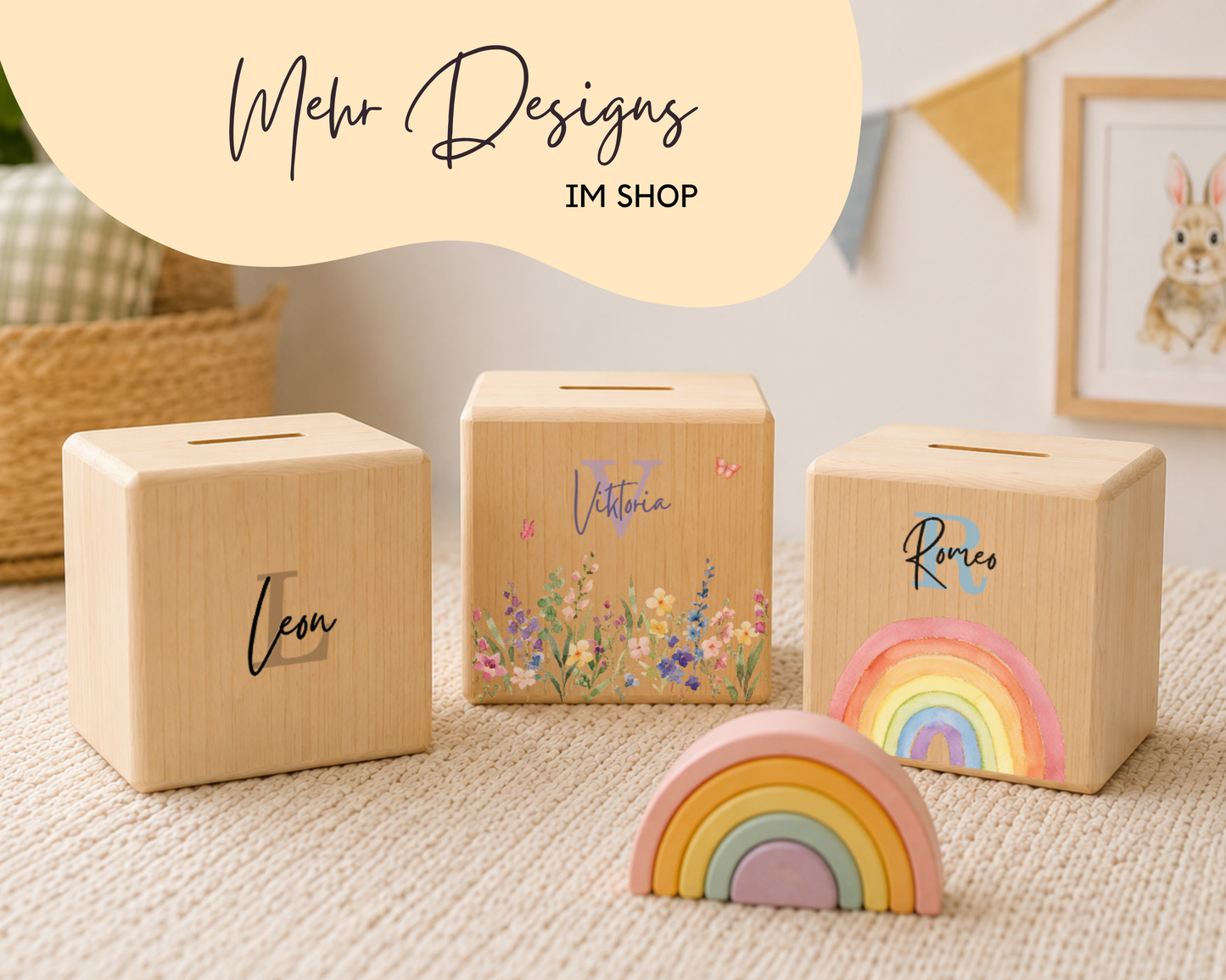 Holzspardose personalisiert Name in 6 Farben