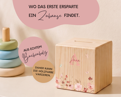 Holzspardose personalisiert Rosen
