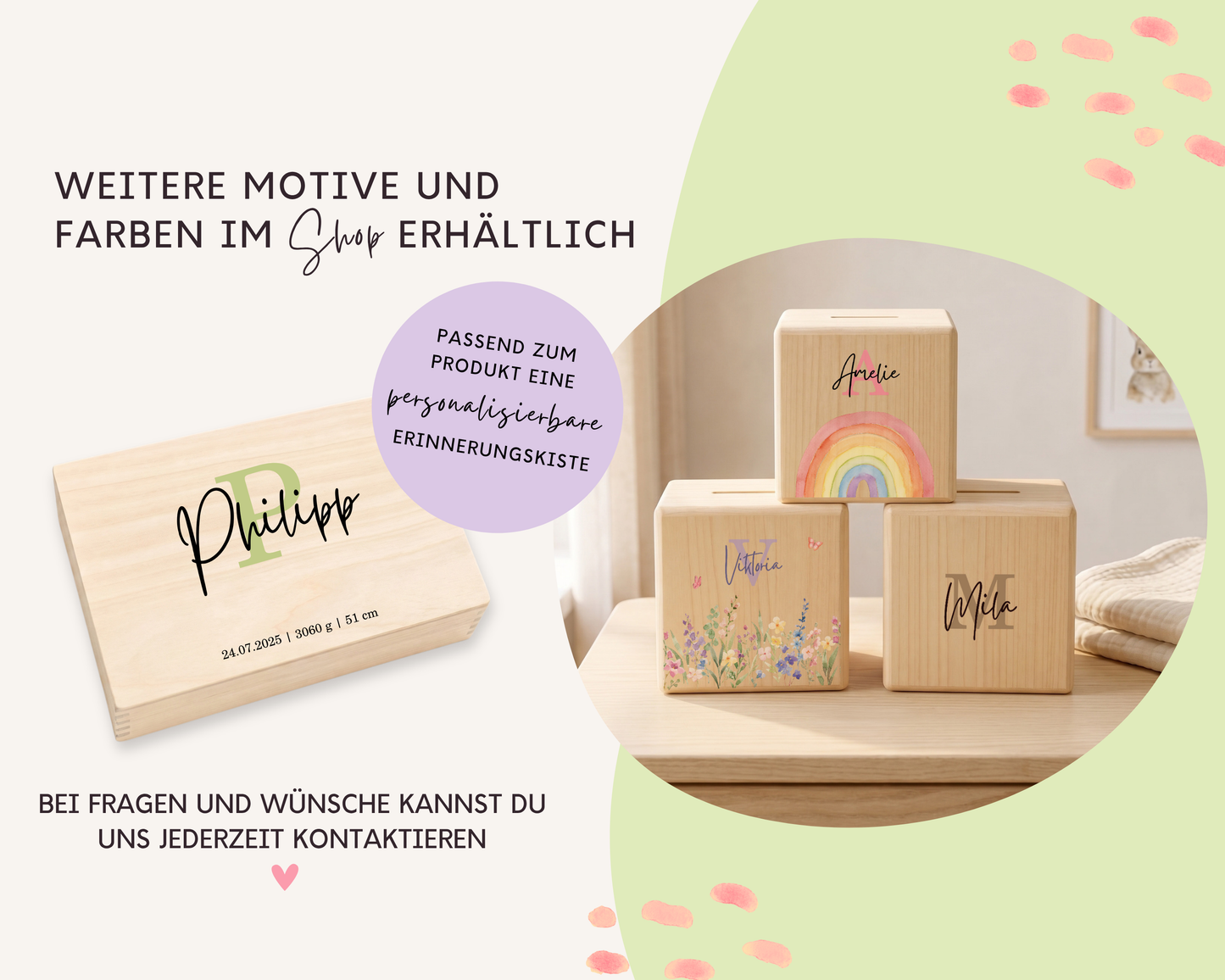 Holzspardose personalisiert Name in 6 Farben