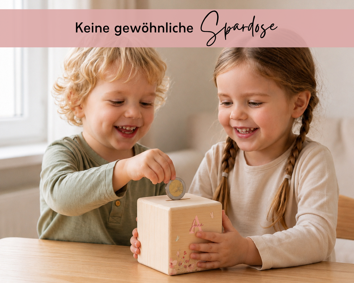 Zwei Kinder werfen gemeinsam eine Münze in die hölzerne Spardose