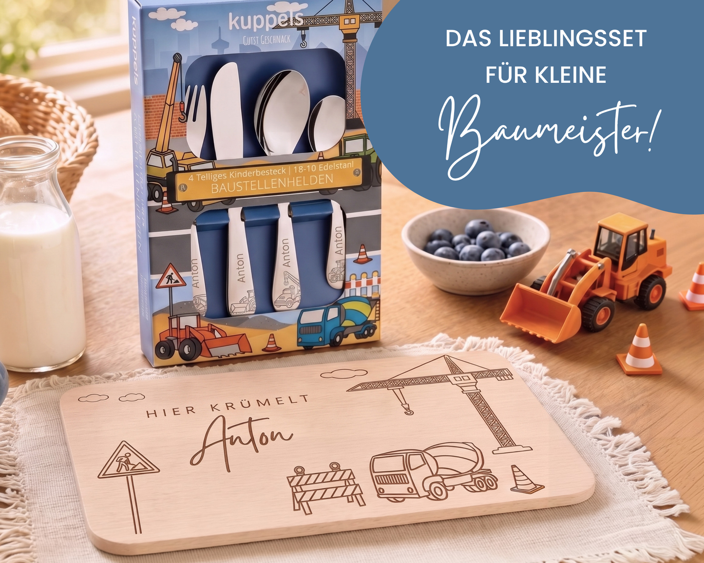 Kinderbesteck personalisiert Baustelle mit Frühstücksbrett