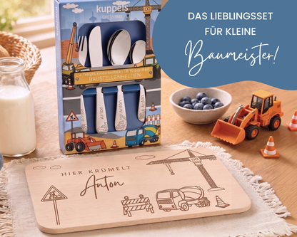 Kinderbesteck personalisiert Baustelle mit Frühstücksbrett