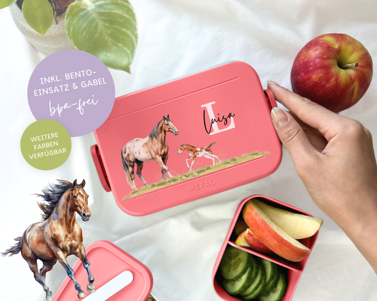 Mepal Brotdose mit Name personalisierbar - Design PFERDE - Verschiedene Farben