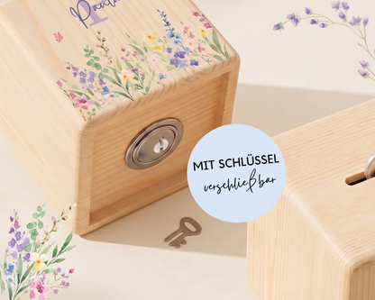 Personalisierte Holzspardose Blumenwiese Lila