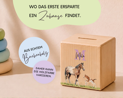 Holzspardose personalisiert Pferde