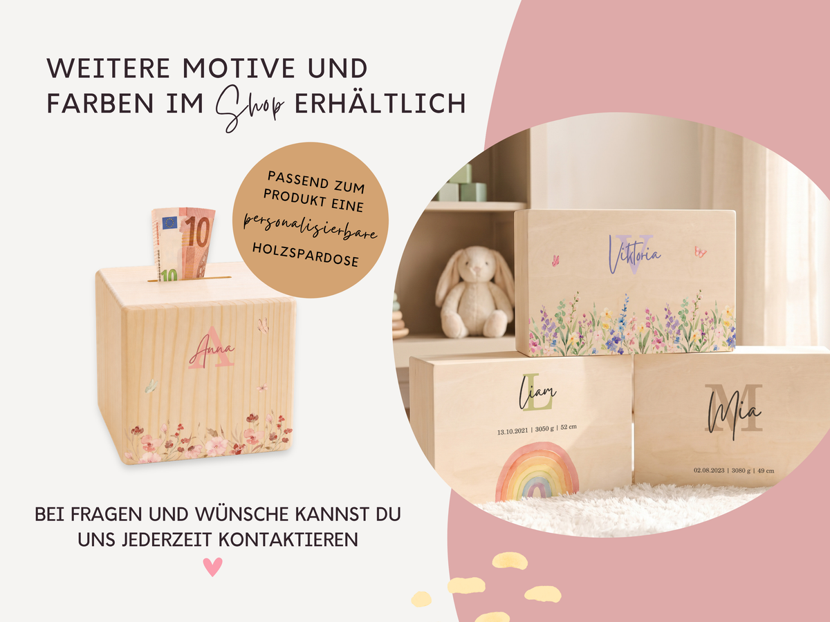 Weitere Motive und Farben im Shop, passend dazu die personalisierbare Holzspardose