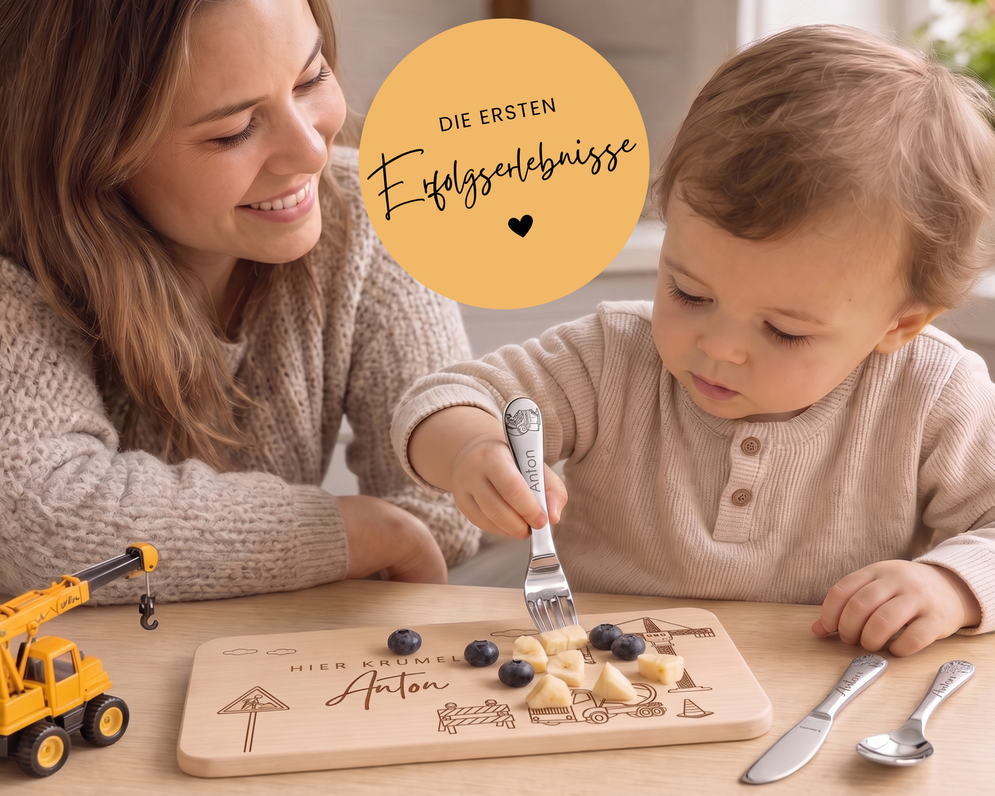 Kinderbesteck personalisiert Baustelle mit Frühstücksbrett