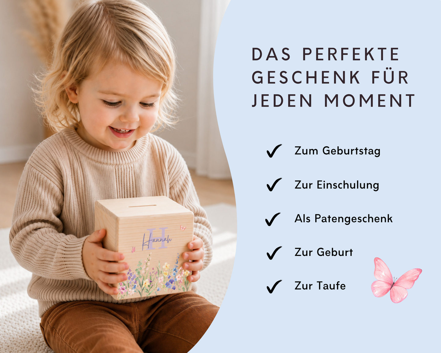 Personalisierte Holzspardose Blumenwiese Lila