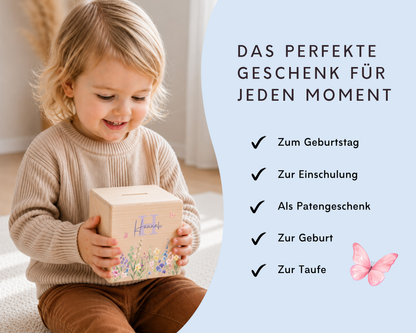 Personalisierte Holzspardose Blumenwiese Lila