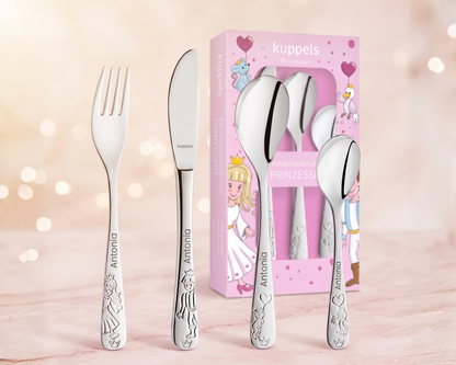 Personalisiertes Kinderbesteck aus Edelstahl im Prinzessin-Design, mit graviertem Namen des Kindes