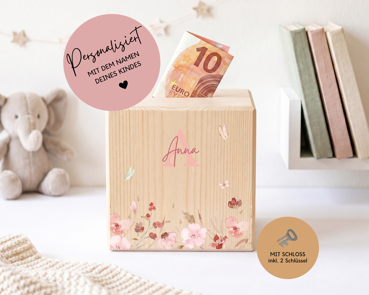 Holzspardose Rosen personalisiert mit Namen aus Kiefernholz, abschließbar mit zwei Schlüsseln