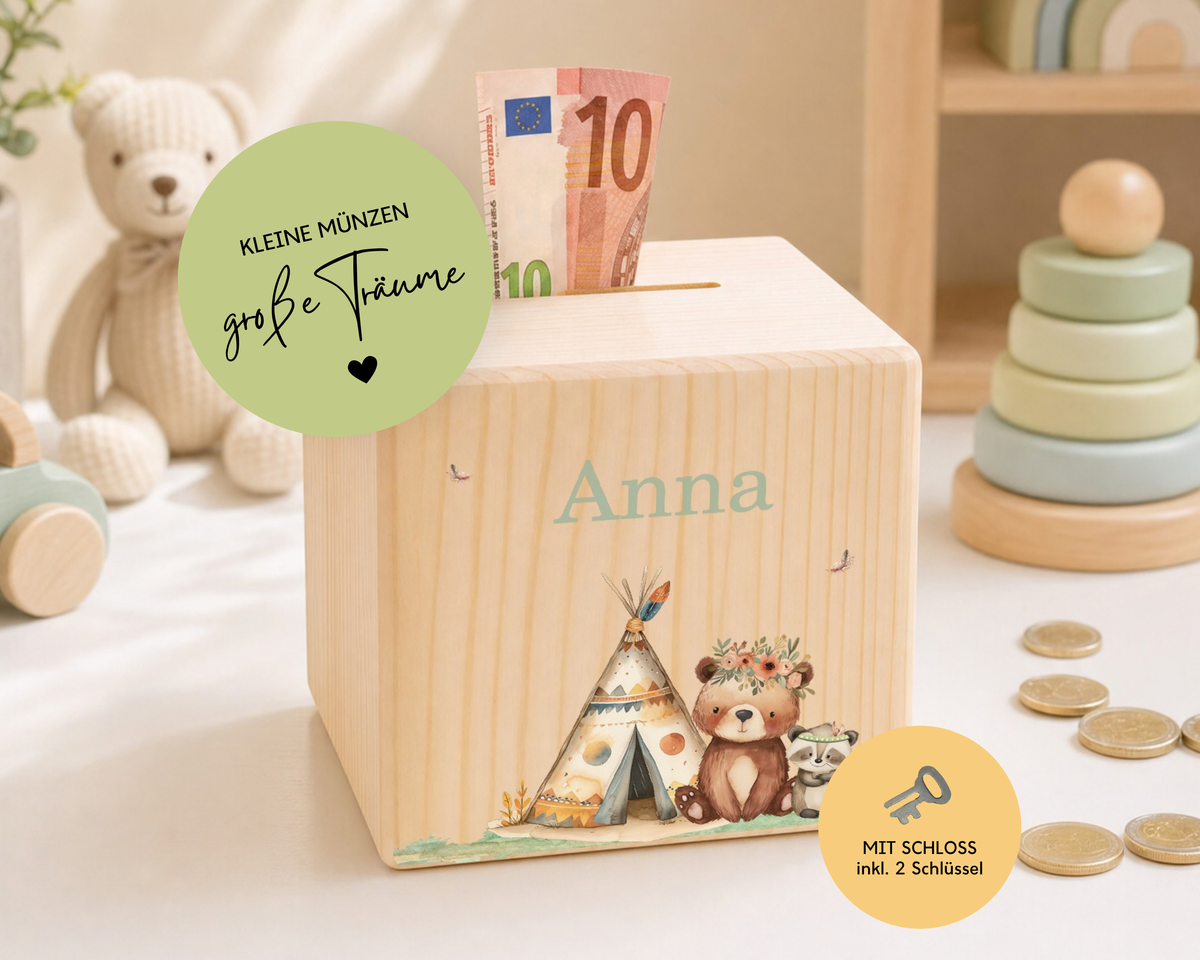 Personalisierte Holzspardose im Boho-Tiere-Design, mit graviertem Namen, Schloss und zwei Schlüsseln