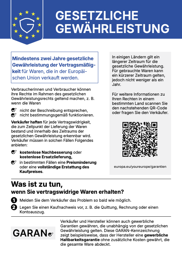 Harmonisierte EU-Mitteilung über das gesetzliche Gewährleistungsrecht: mindestens zwei Jahre Gewährleistung bei mangelhafter Ware