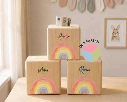 Holzspardose personalisiert Regenbogen Bunt