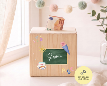Holzspardose personalisiert Schulstart