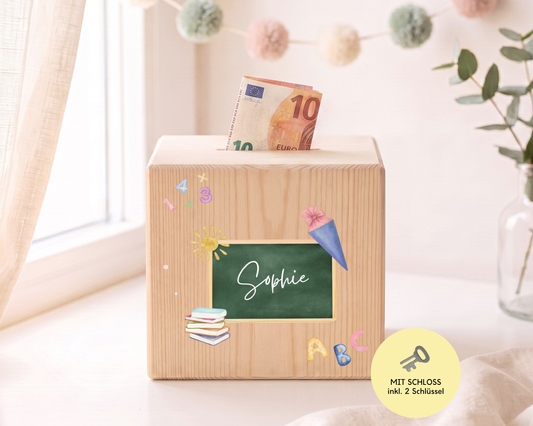 Holzspardose personalisiert Schulstart