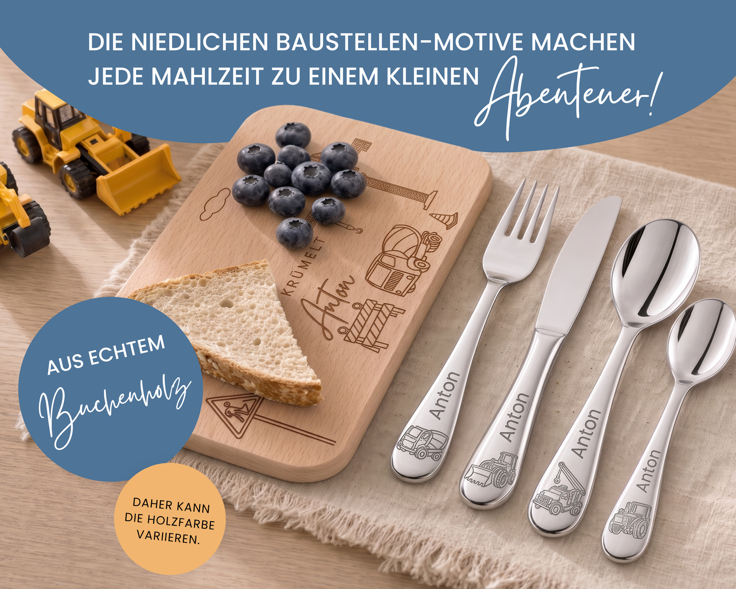 Kinderbesteck personalisiert Baustelle mit Frühstücksbrett